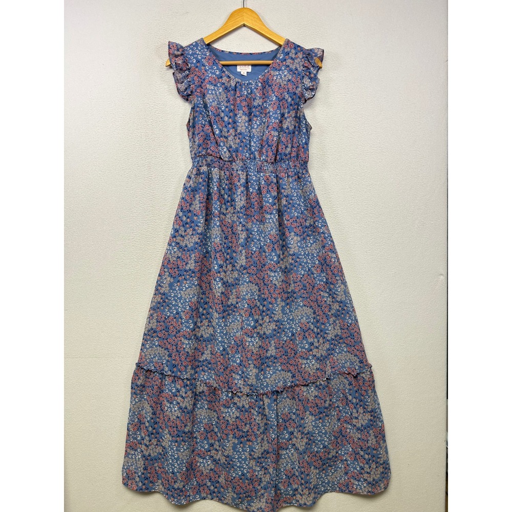 Cottagecore Isabel Maternity Women M Blue Floral Ruffle Smocked Maxi Dress